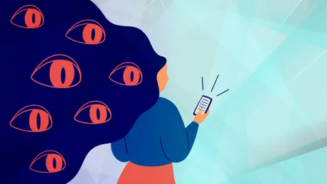 O persoană care folosește telefonul mobil, înconjurată de ochi simbolici.