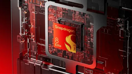 Cip Snapdragon 8 Elite Gen 6 pe un fundal tehnologic roșu.