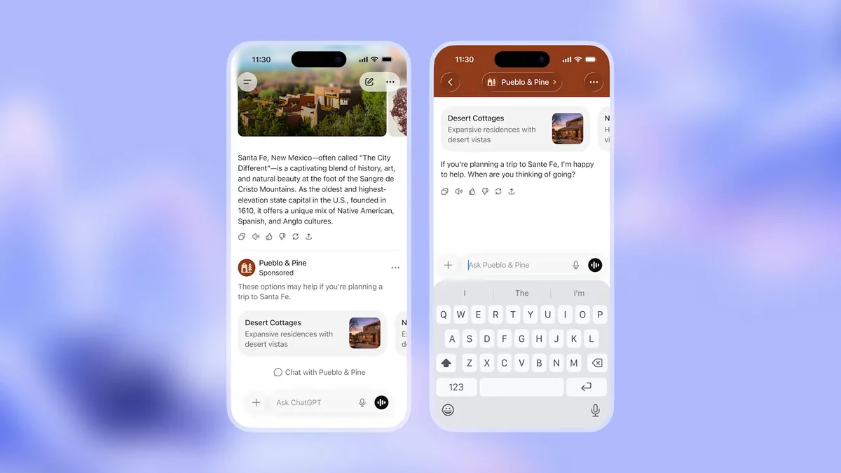 Interfața ChatGPT cu reclame integrate în designul aplicației.