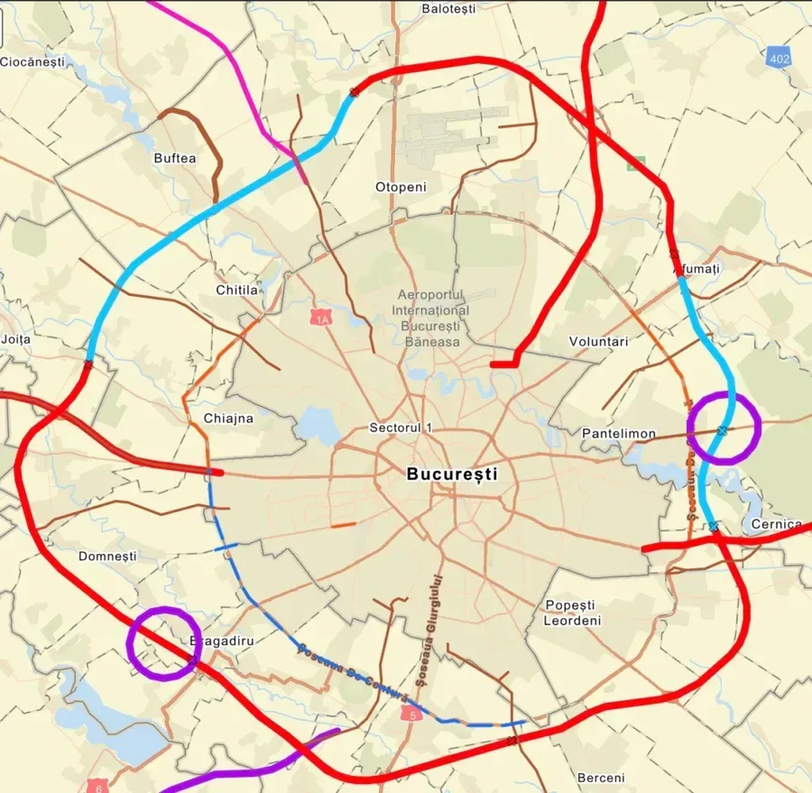 Harta Bucureștiului cu trasee de circulație rutieră evidențiate.