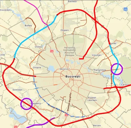 Harta Bucureștiului cu trasee de circulație rutieră evidențiate.