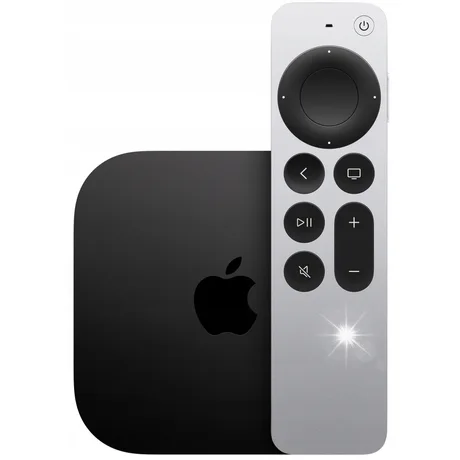 Dispozitive Apple TV și HomePod mini cu telecomandă modernă.