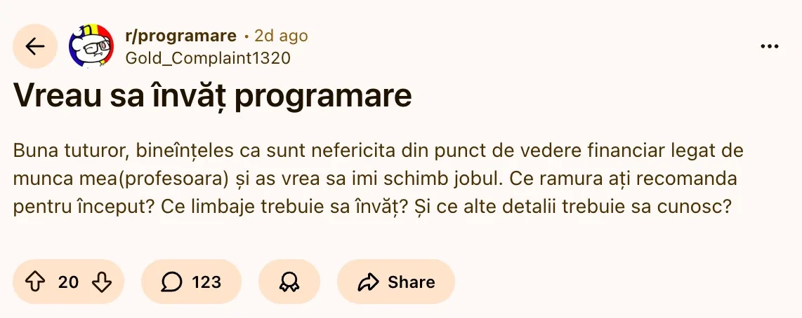 O profesoară româncă caută sfaturi pentru a învăța programare.