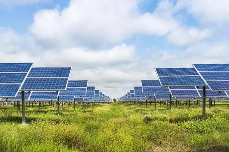 Panouri solare instalate pe un teren verde, sub un cer noros.