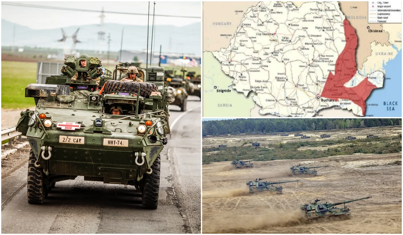 Exercițiu militar NATO în Poarta Focșani, evidențiind vehicule și harta regiunii strategice.