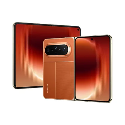 Huawei Pura X Max în culoare portocalie vibrantă, pliabil deschis.