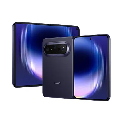 Huawei Pura X Max în nuanță albastră interstelară, pliabil deschis.