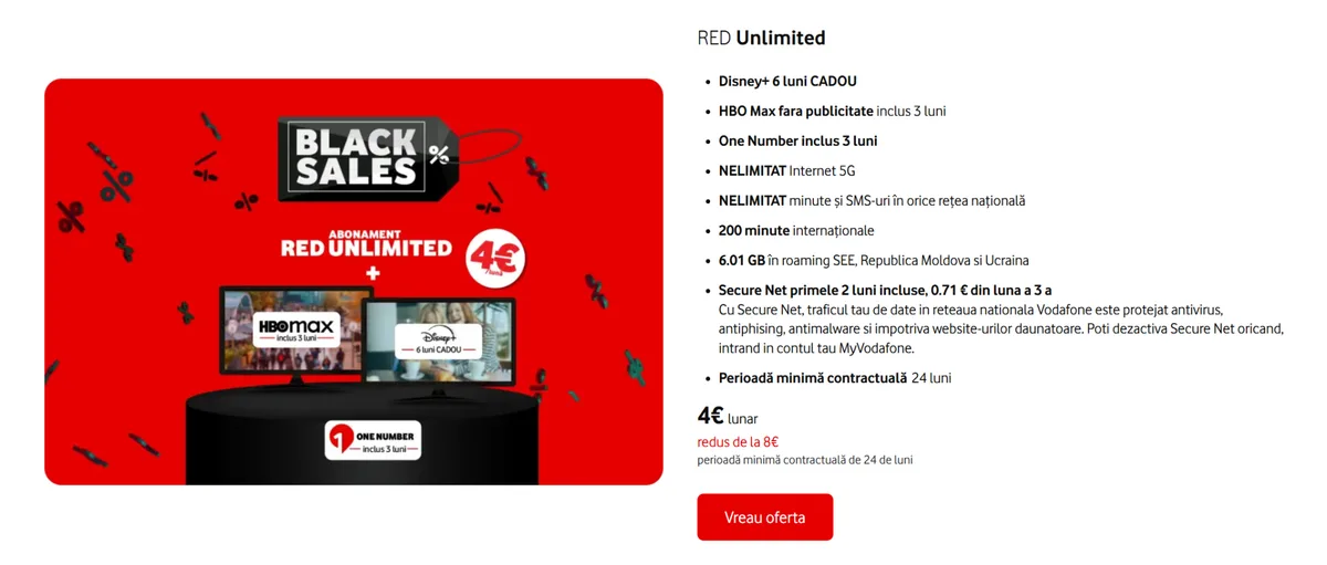 Ofertă Vodafone Black Sales cu RED Unlimited la 4 euro pe lună.