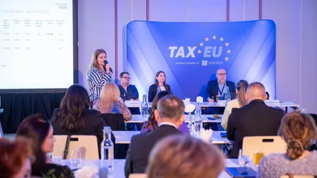Experți discutând despre fiscalitate la TaxEU Forum în Cluj-Napoca.