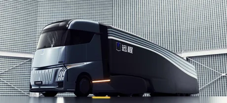 Camion electric modern, pregătit pentru piața europeană, cu design futurist.