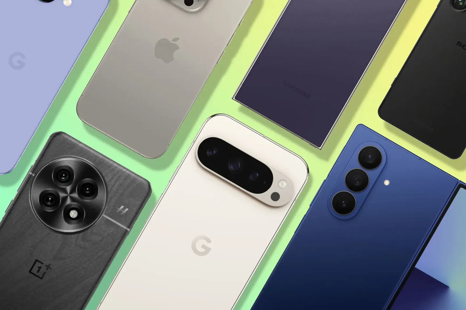 Diversitate de smartphone-uri moderne pe un fundal colorat.