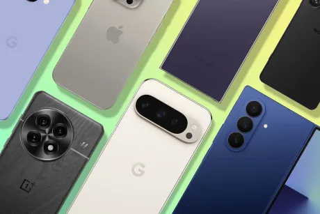 Diversitate de smartphone-uri moderne pe un fundal colorat.
