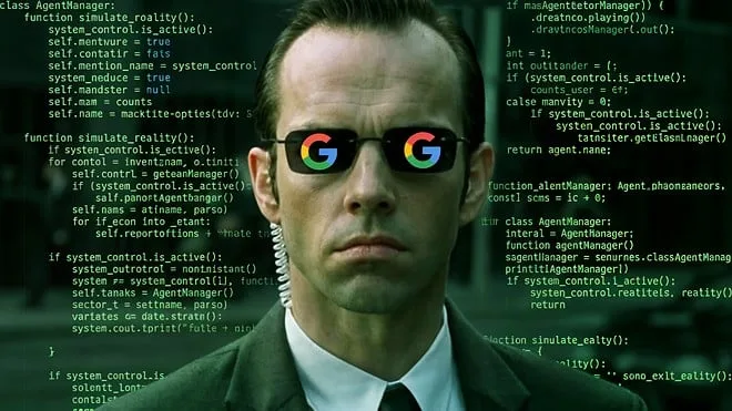 Un bărbat cu ochelari, înconjurat de coduri, simbolizează tehnologia avansată.