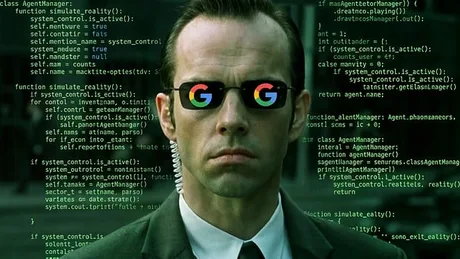 Un bărbat cu ochelari, înconjurat de coduri, simbolizează tehnologia avansată.