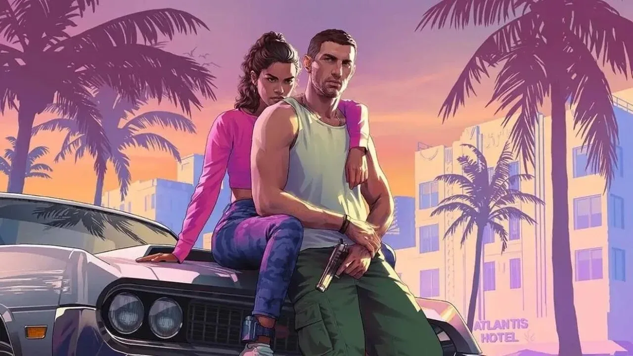 Personaje din jocul GTA 6 pe fundal tropical, cu palmieri și un automobil clasic.
