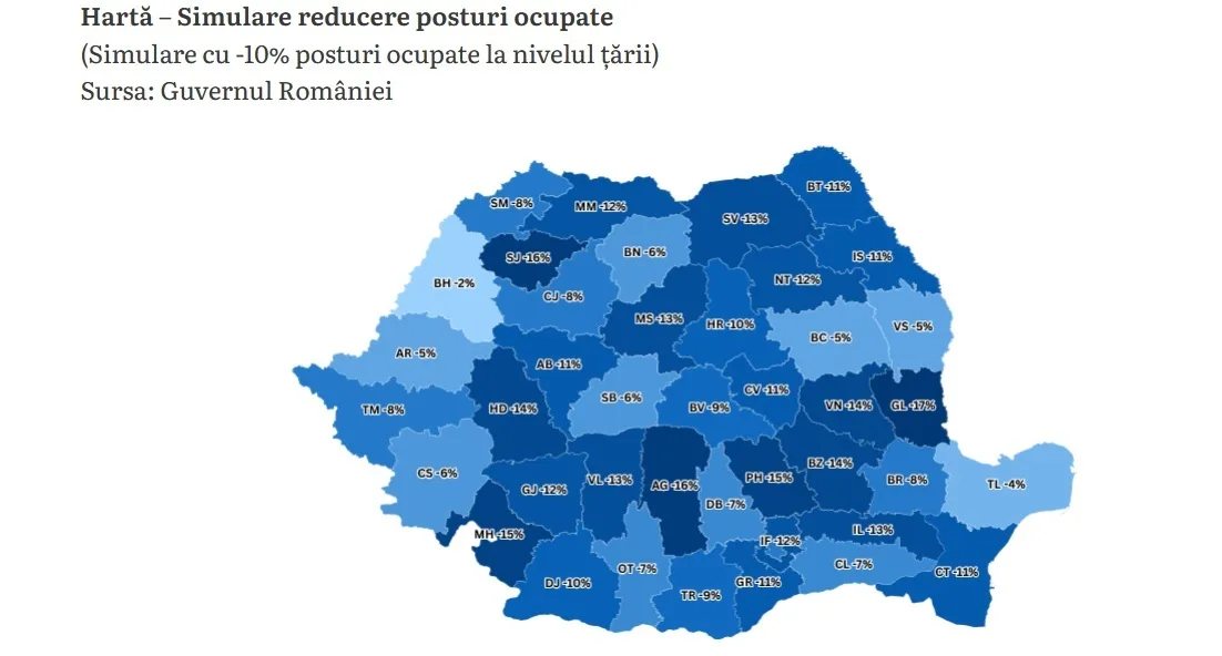 Hartă a României evidențiind reducerea posturilor din primării.