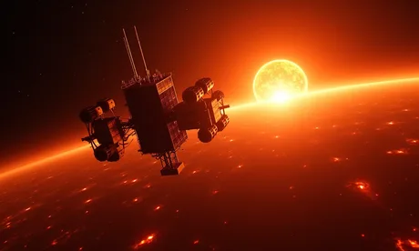 Satelit în orbită, capturând lumina soarelui la apus.