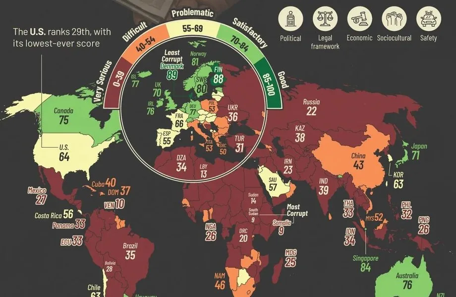 România se află în a doua jumătate a clasamentului global al corupției în 2025.