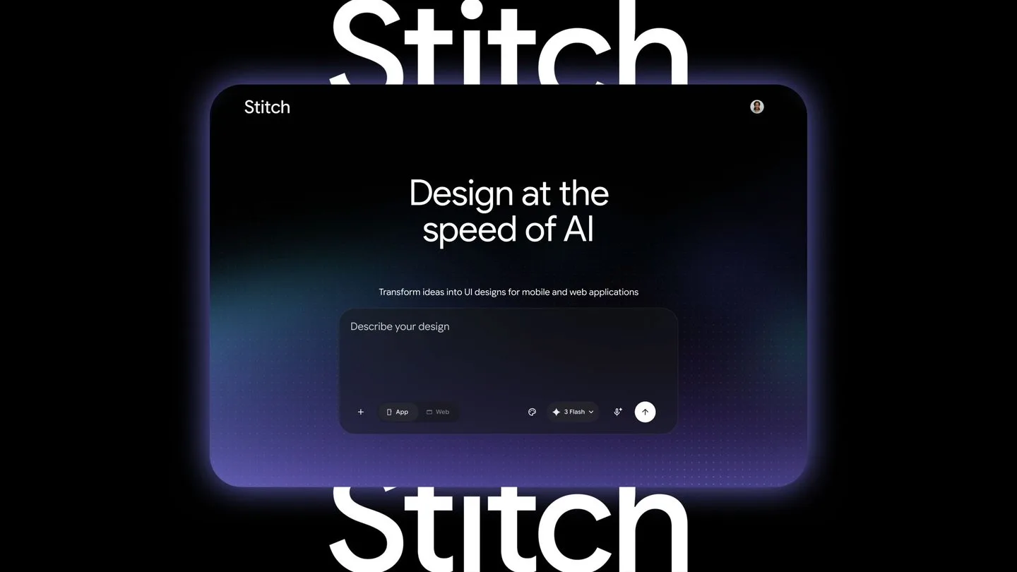 Interfața Stitch pentru design în timp real, cu opțiuni interactive.