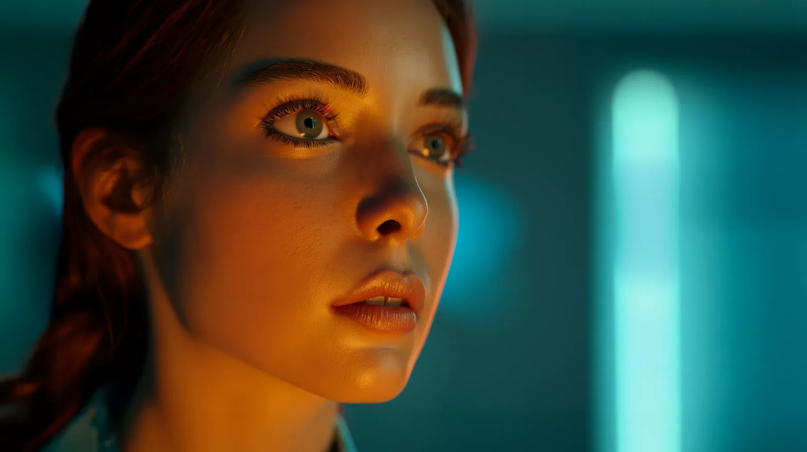 O tânără cu privire concentrată, iluminată de lumini colorate.