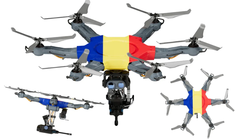 Dronă cu culorile steagului României, simbolizând tehnologiile de apărare.