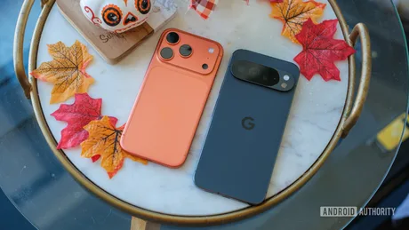 Două telefoane mobile pe o masă cu frunze colorate în jur.