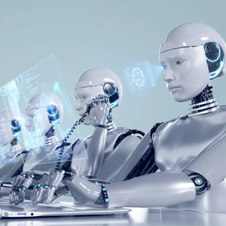 Roboti care analizează date și comunică prin telefon.