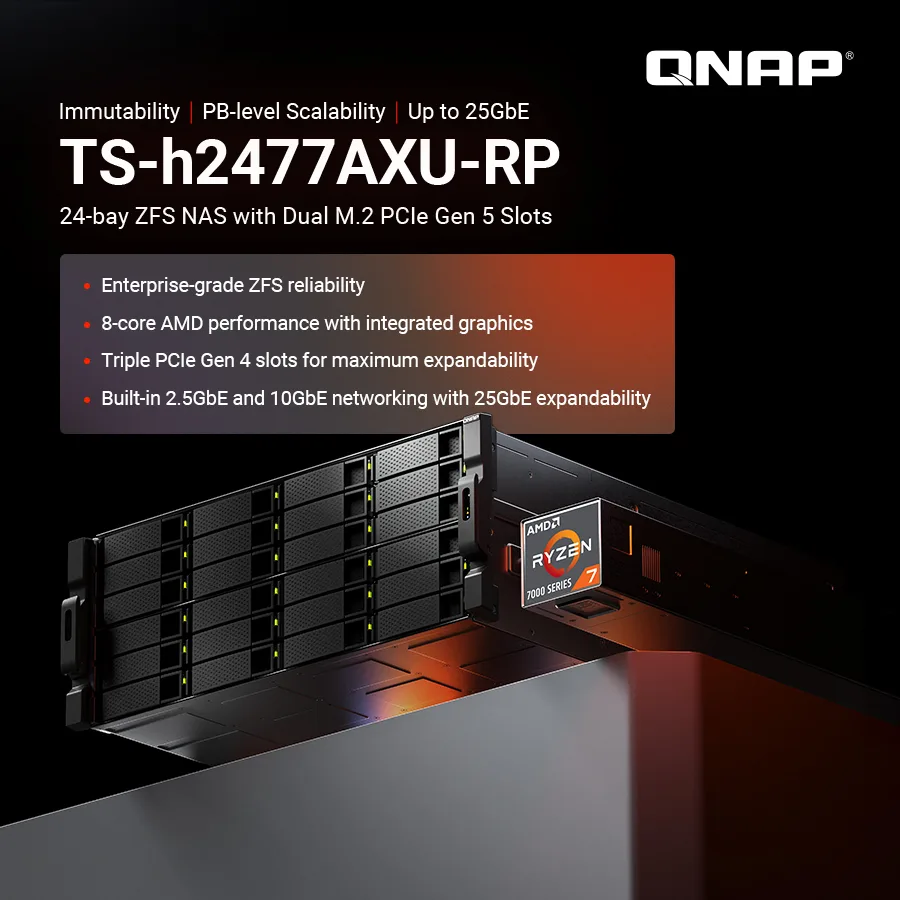 Modelul QNAP TS-h2477AXU-RP cu 24 de bay-uri pentru stocare extinsă.