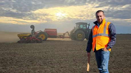 Fermierul Degianski în câmp, semănând floarea-soarelui în condiții meteo instabile.