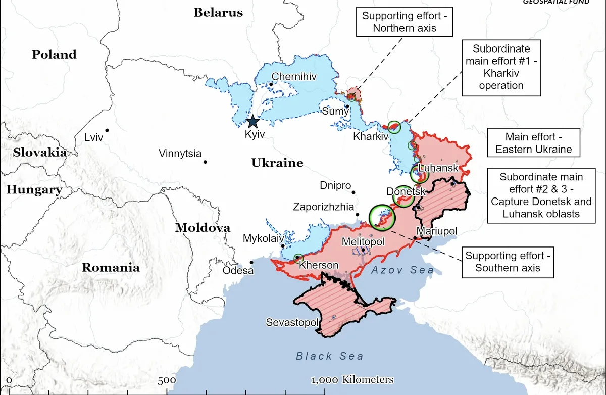 Hartă a regiunilor afectate de conflictul dintre Rusia și Ucraina.