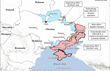 Hartă a regiunilor afectate de conflictul dintre Rusia și Ucraina.