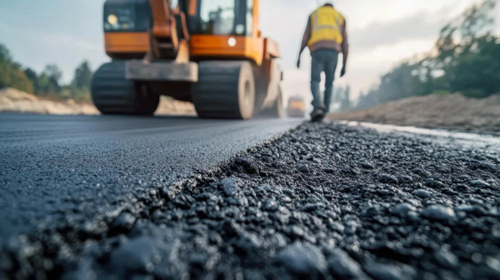 Un muncitor pe un șantier de construcții, lângă un utilaj greu.