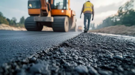 Un muncitor pe un șantier de construcții, lângă un utilaj greu.