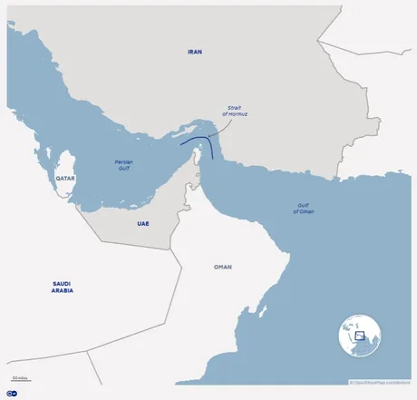Harta Strâmtorii Hormuz, evidențiind rutele maritime din regiune.