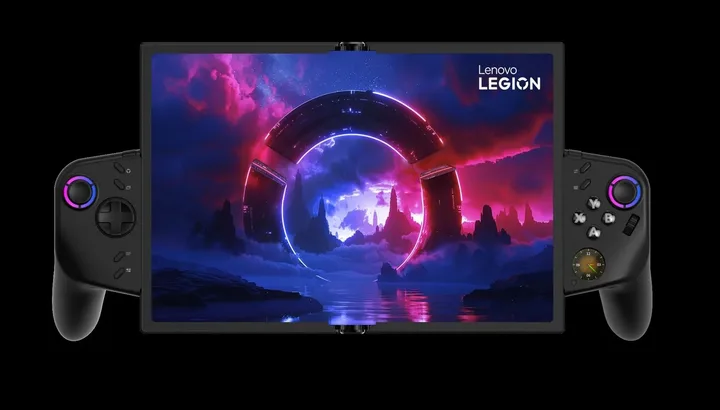 Laptop pliabil Lenovo Legion cu design futurist și culori vibrante.