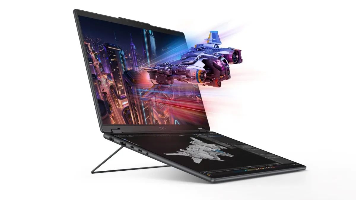 Laptop Lenovo cu design modern și ecran vibrant la MWC 2026.