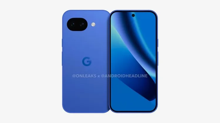 Pixel 10a în nuanță albastră, cu ecran OLED și cameră duală.