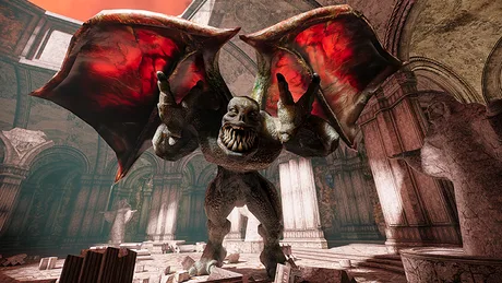 Un monstru gotic impozant într-un peisaj distrus, cu aripi roșii și detalii complexe.