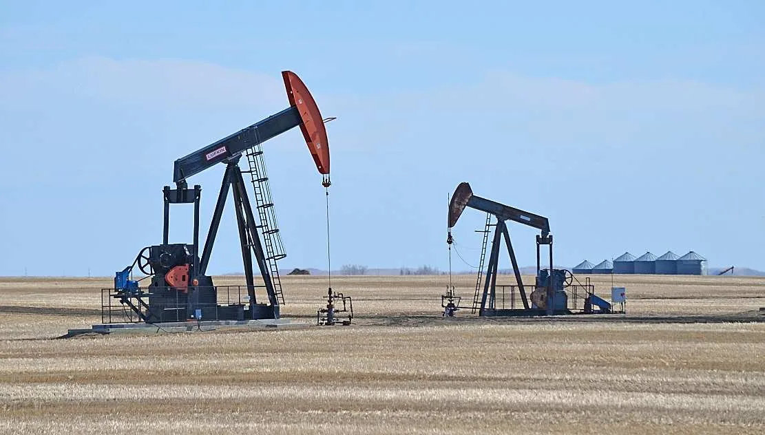 Pompe de extracție a petrolului într-un peisaj rural vast.