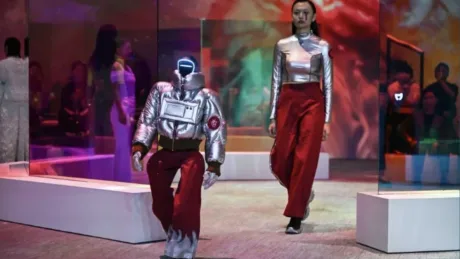 Roboți umanoizi și modele pe podium la un show de modă inovator din Seul.