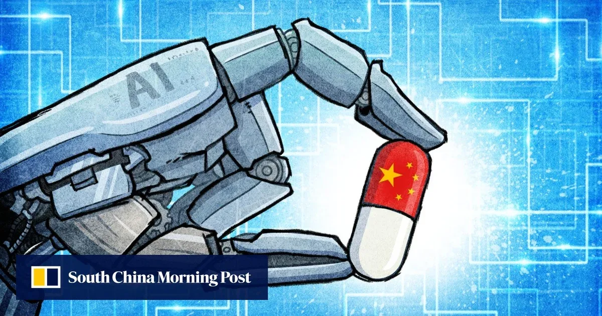 Robot care ține o pastilă cu steagul Chinei, simbolizând inovația în medicamente.