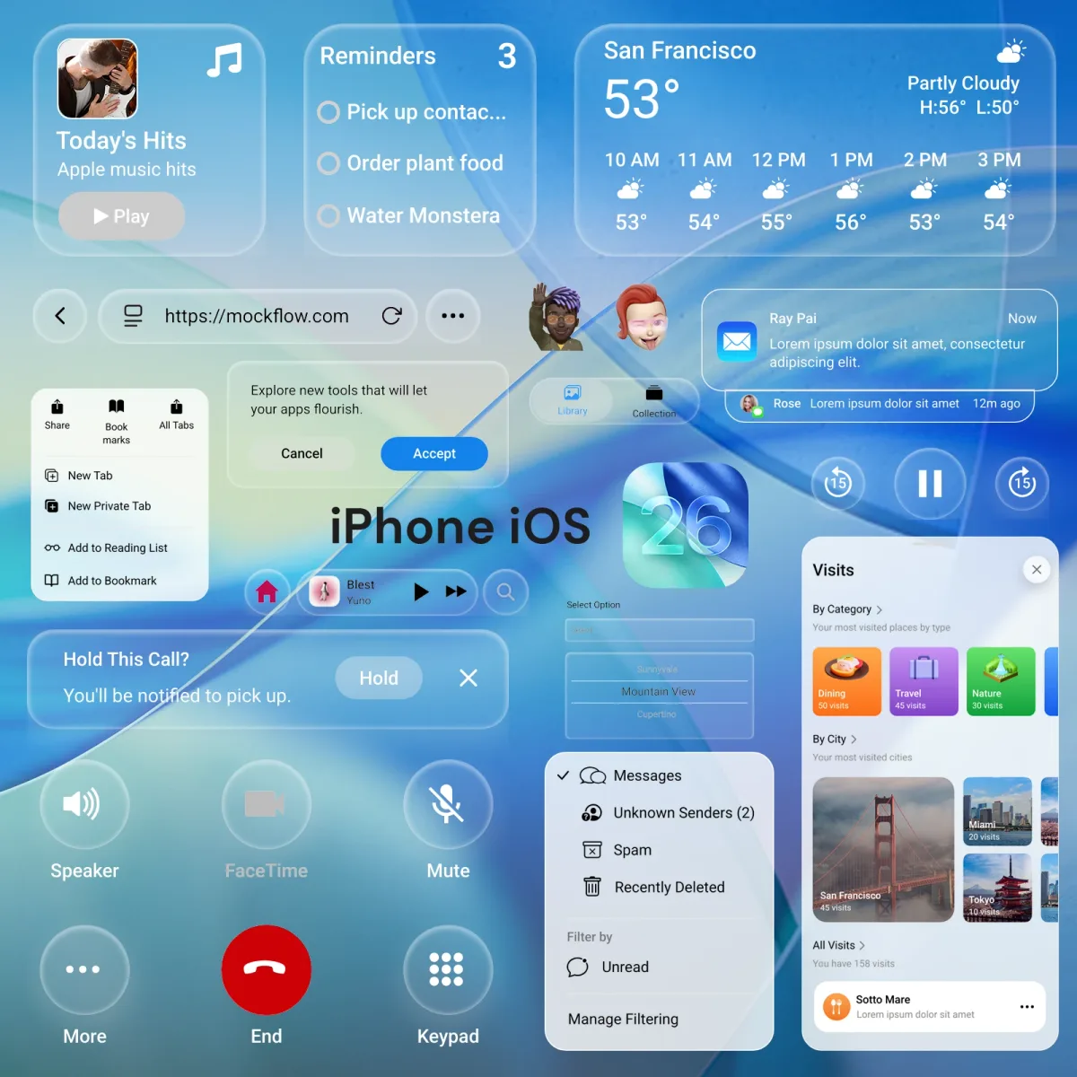 Interfața Liquid Glass în iOS 27 cu efecte vizuale transparente.