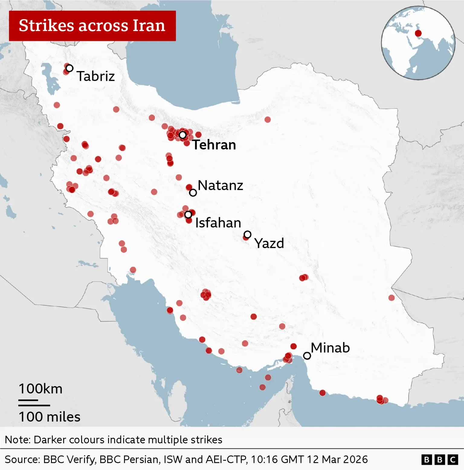Harta atacurilor aeriene în Iran și regiunile înconjurătoare.