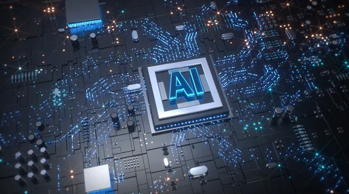 Circuit integrat cu simbolul inteligenței artificiale iluminat.