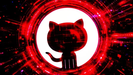 Logo GitHub într-un design futurist, evidențiind problemele de securitate.