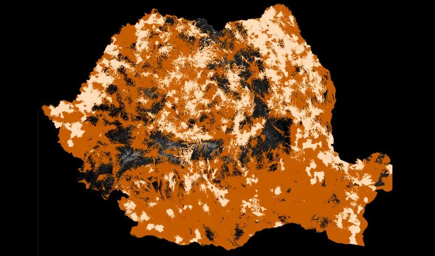 Harta României evidențiind vitezele internetului mobil oferite de Orange.