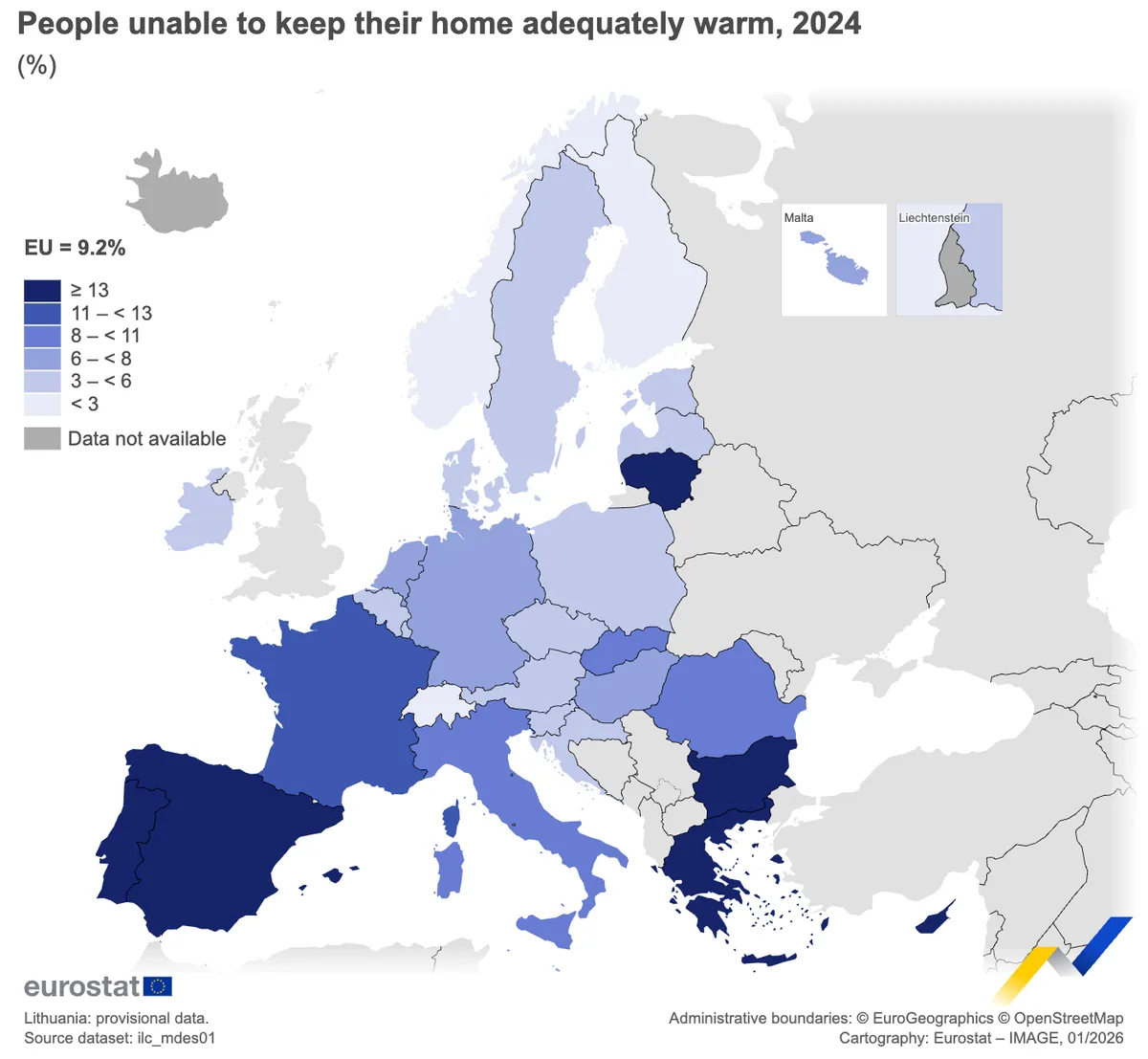 Harta Europei care arată ratele de încălzire adecvată în 2024.